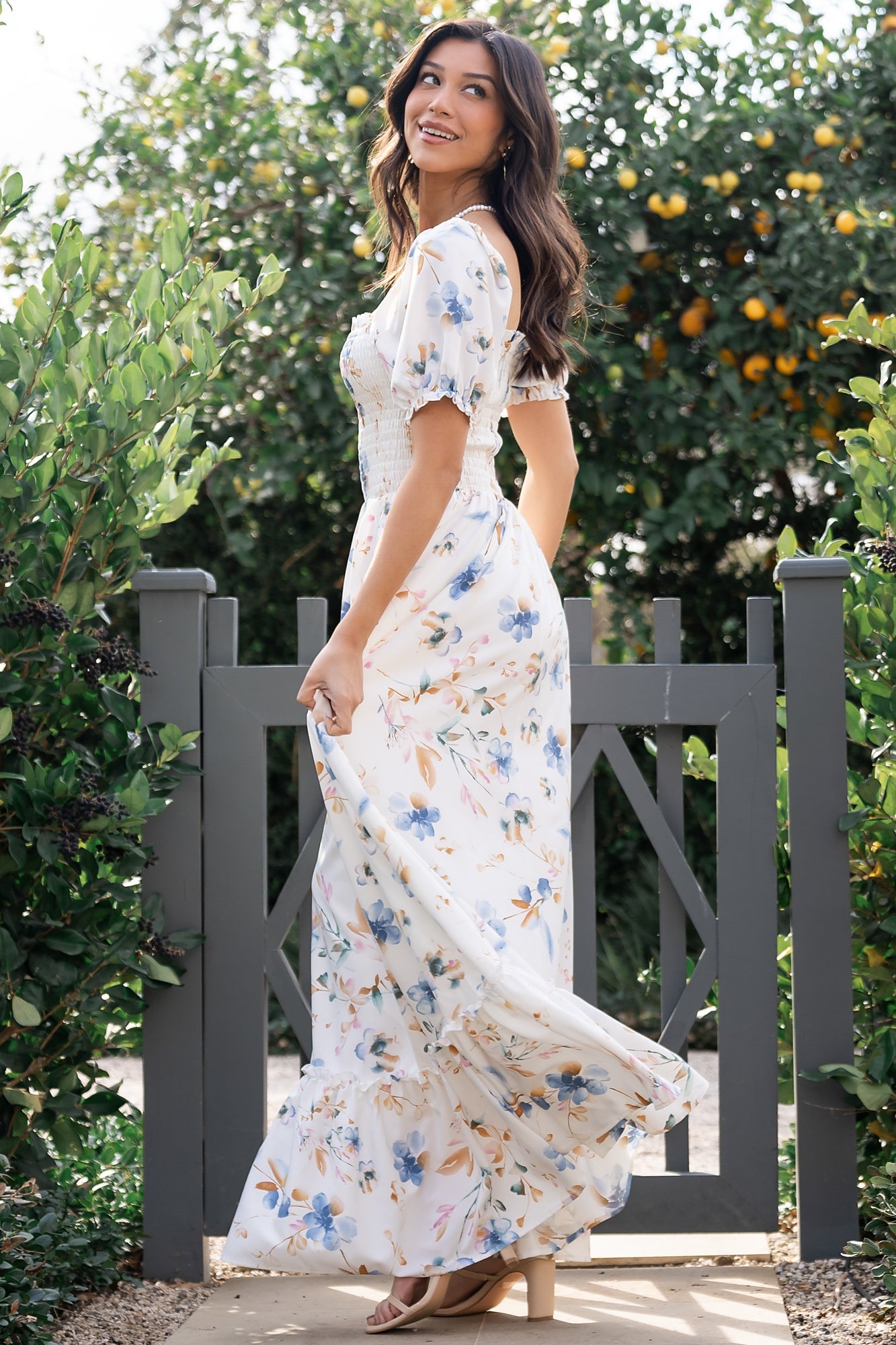 white smocked maxi dress Dress-White wearing a size S.Style Alina Smocked Maxi Dress -