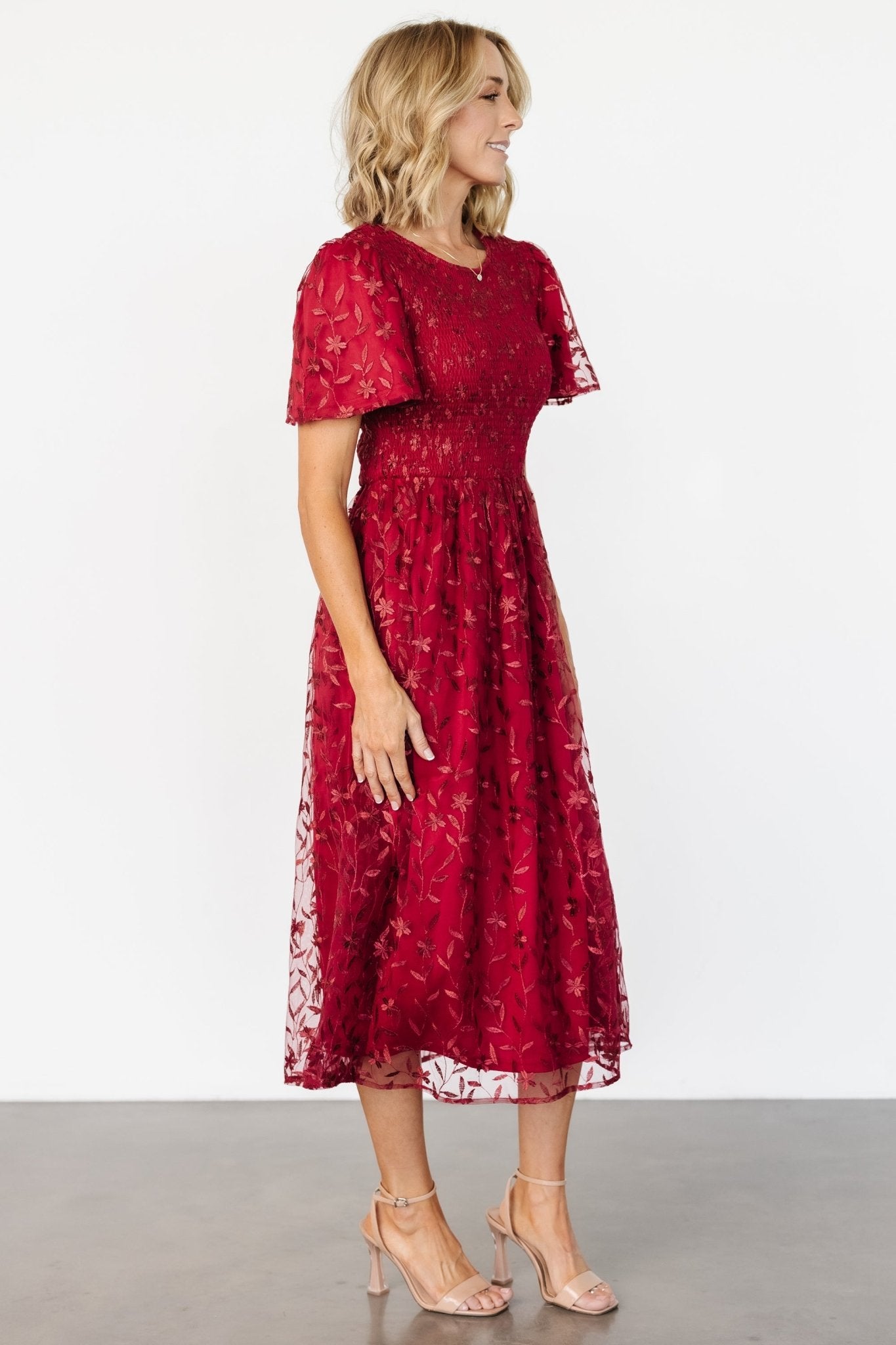 Red embroidered midi dress top