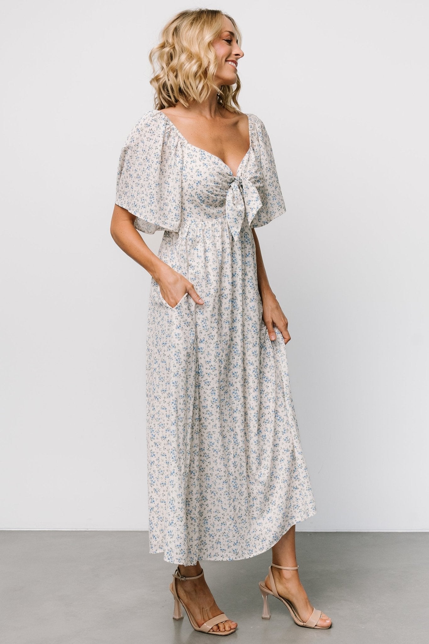 Carah Tie Dress | Off White + Blue Floral - Baltic Born