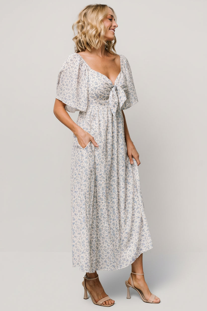 Carah Tie Dress | Off White + Blue Floral
