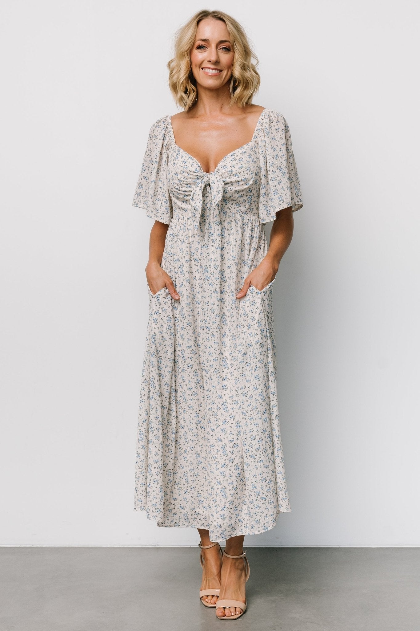 Carah Tie Dress | Off White + Blue Floral - Baltic Born