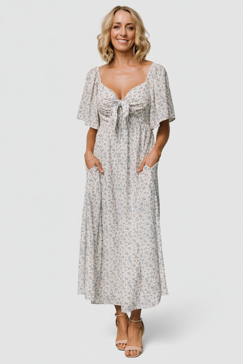 Carah Tie Dress | Off White + Blue Floral