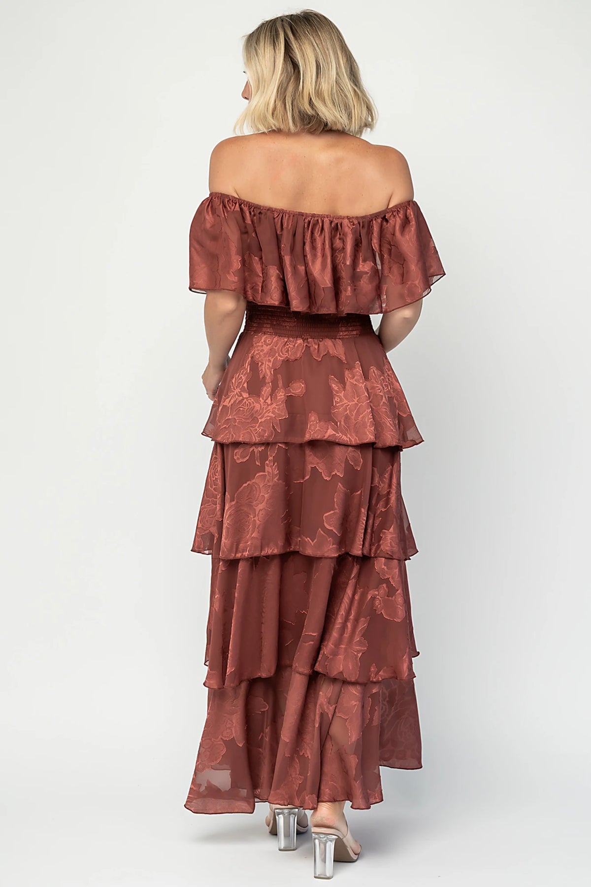 Carina Off Shoulder Maxi Dress in Marsala with ruffle neckline, smocked waist, and four-tiered chiffon skirt.
