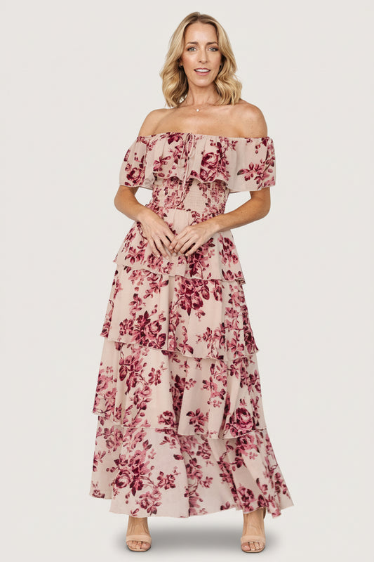 Carina Off Shoulder Maxi Dress | Nude + Rose