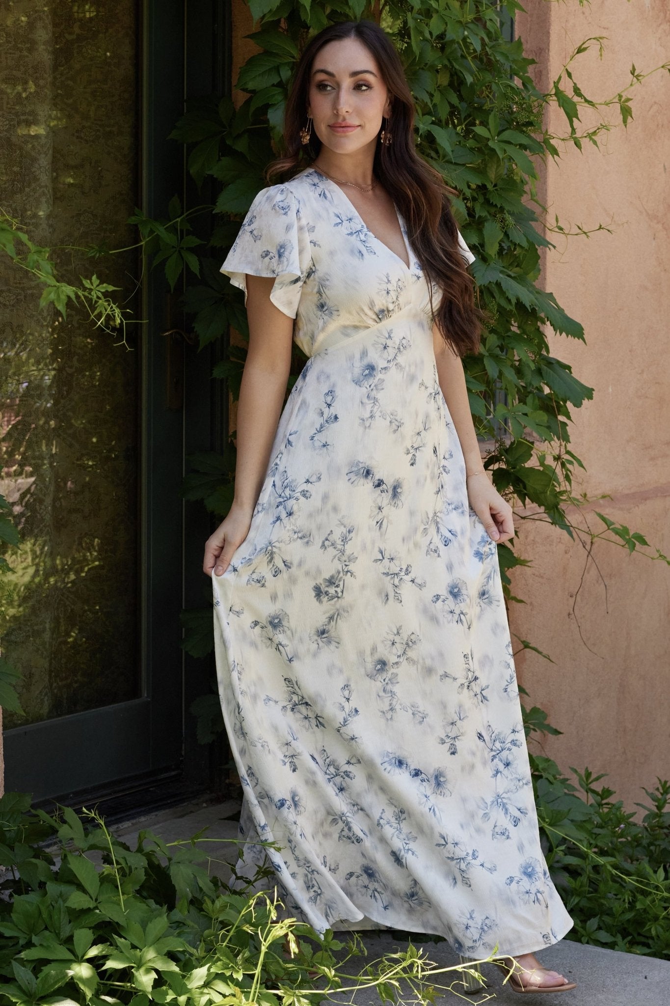 Baltic Born Womens Carmen Maxi Dress | Off White + Blue Floral