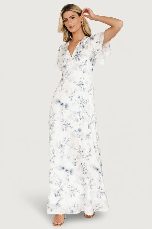 Baltic Born Womens Carmen Maxi Dress | Off White + Blue Floral