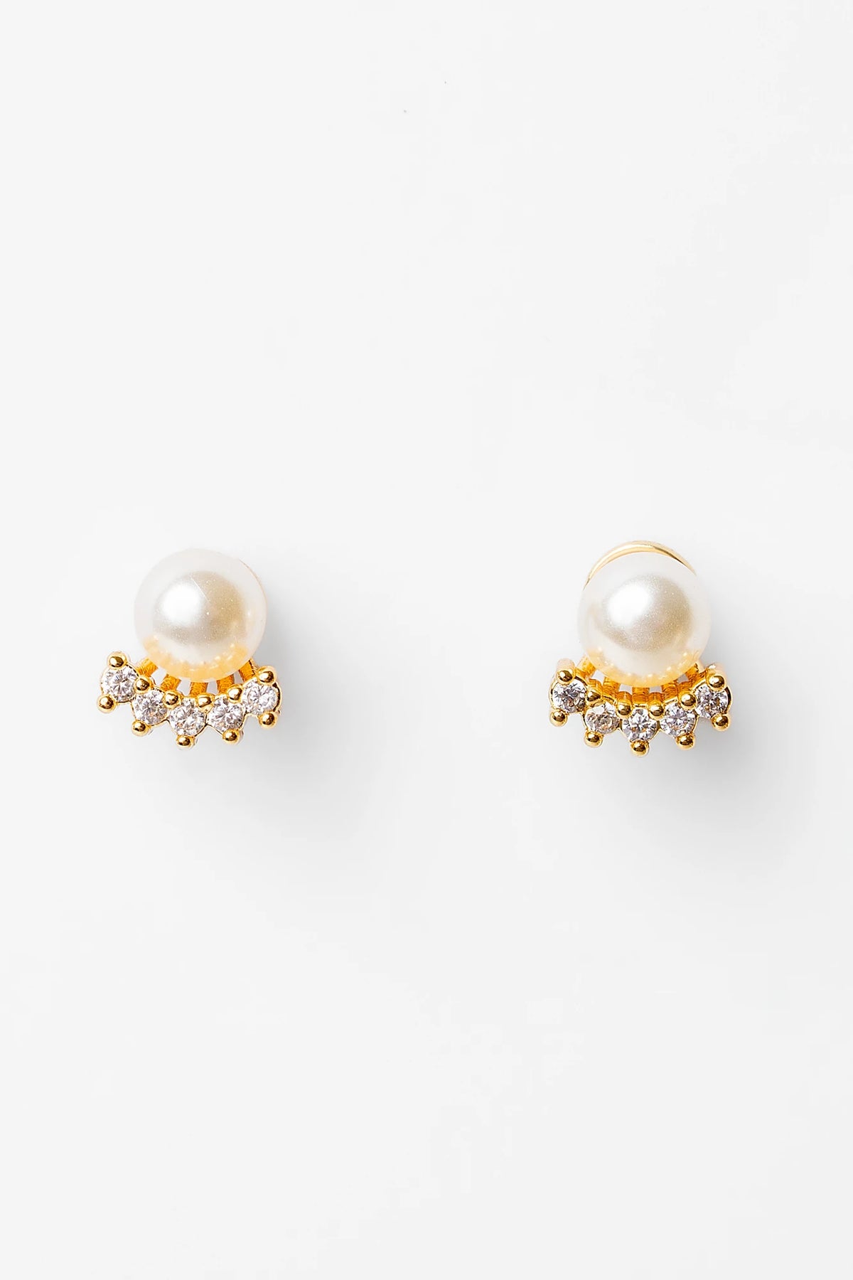 Carol Pearl Crown Stud Earrings in Gold with crown-inspired cubic zirconia and faux pearl.