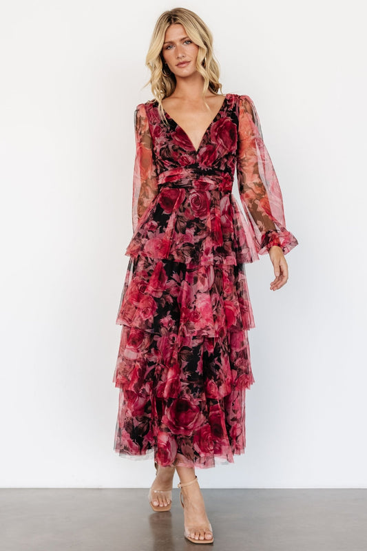 Carolina Tulle Tiered Maxi Dress | Red + Black Floral - Baltic Born