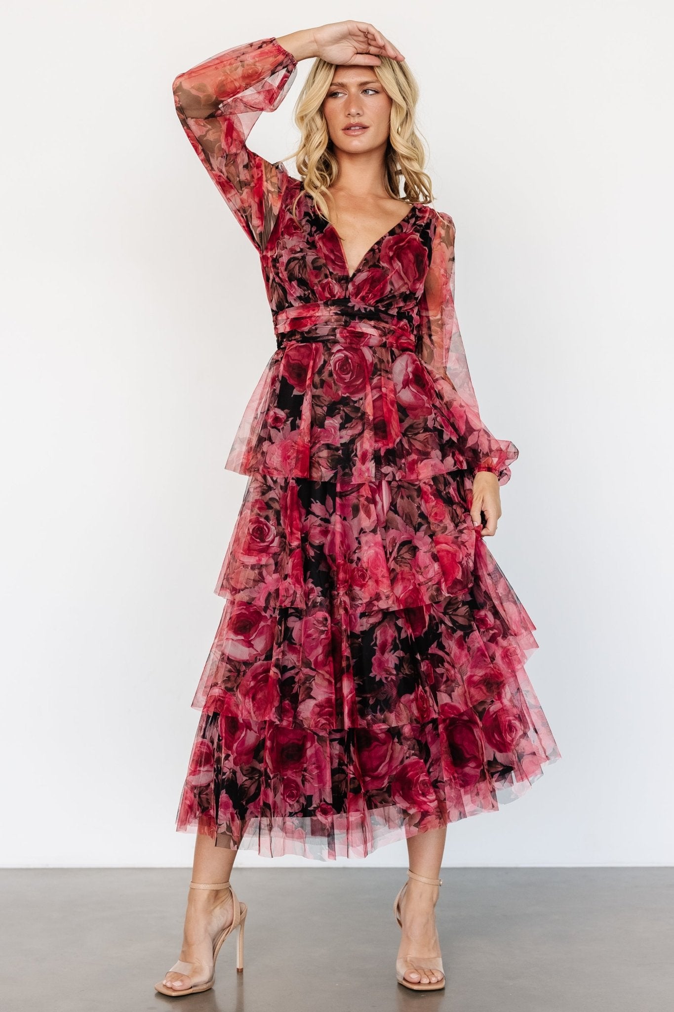 Carolina Tulle Tiered Maxi Dress | Red + Black Floral - Baltic Born