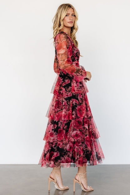 Carolina Tulle Tiered Maxi Dress | Red + Black Floral - Baltic Born