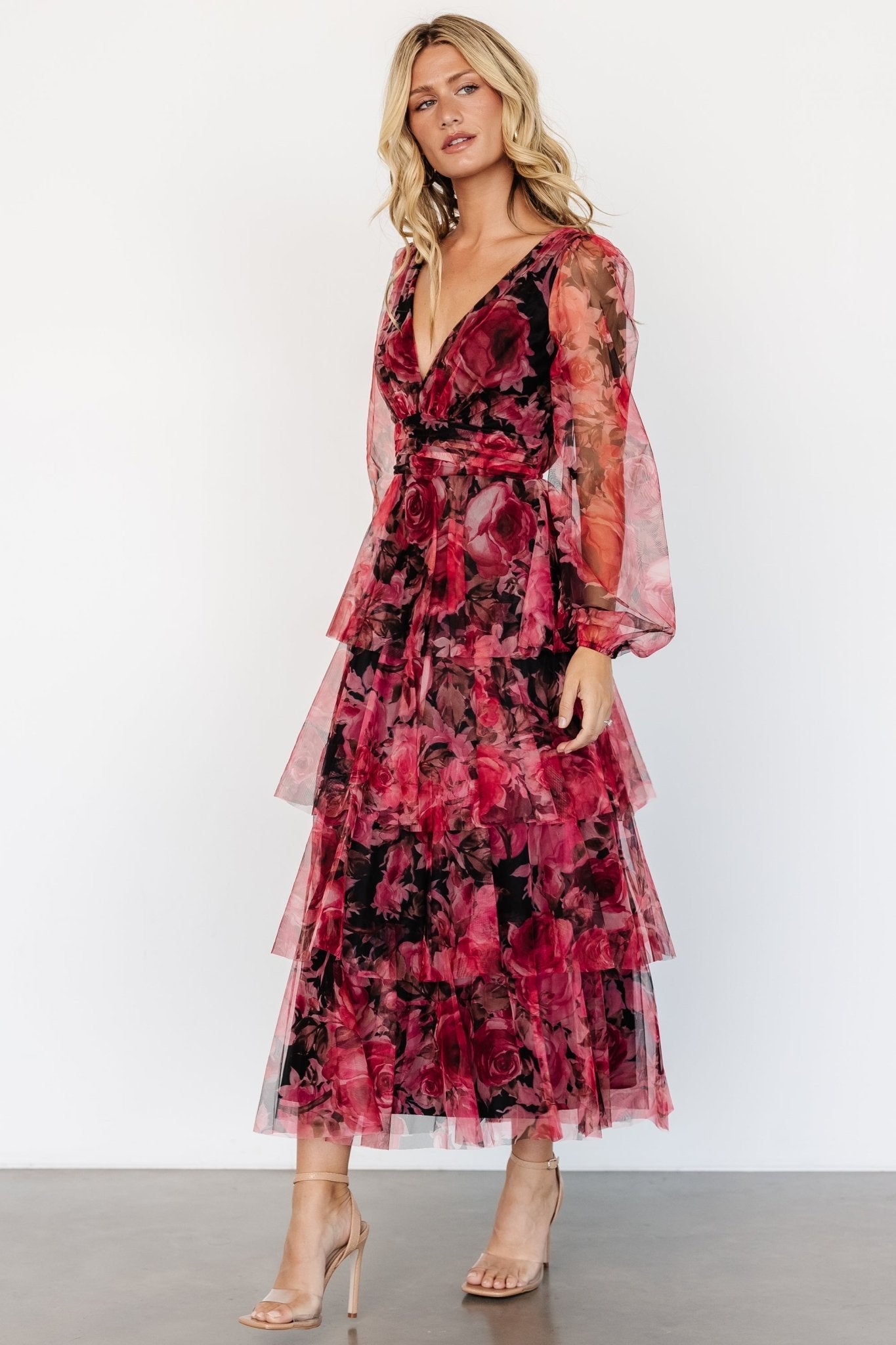 Carolina Tulle Tiered Maxi Dress | Red + Black Floral - Baltic Born