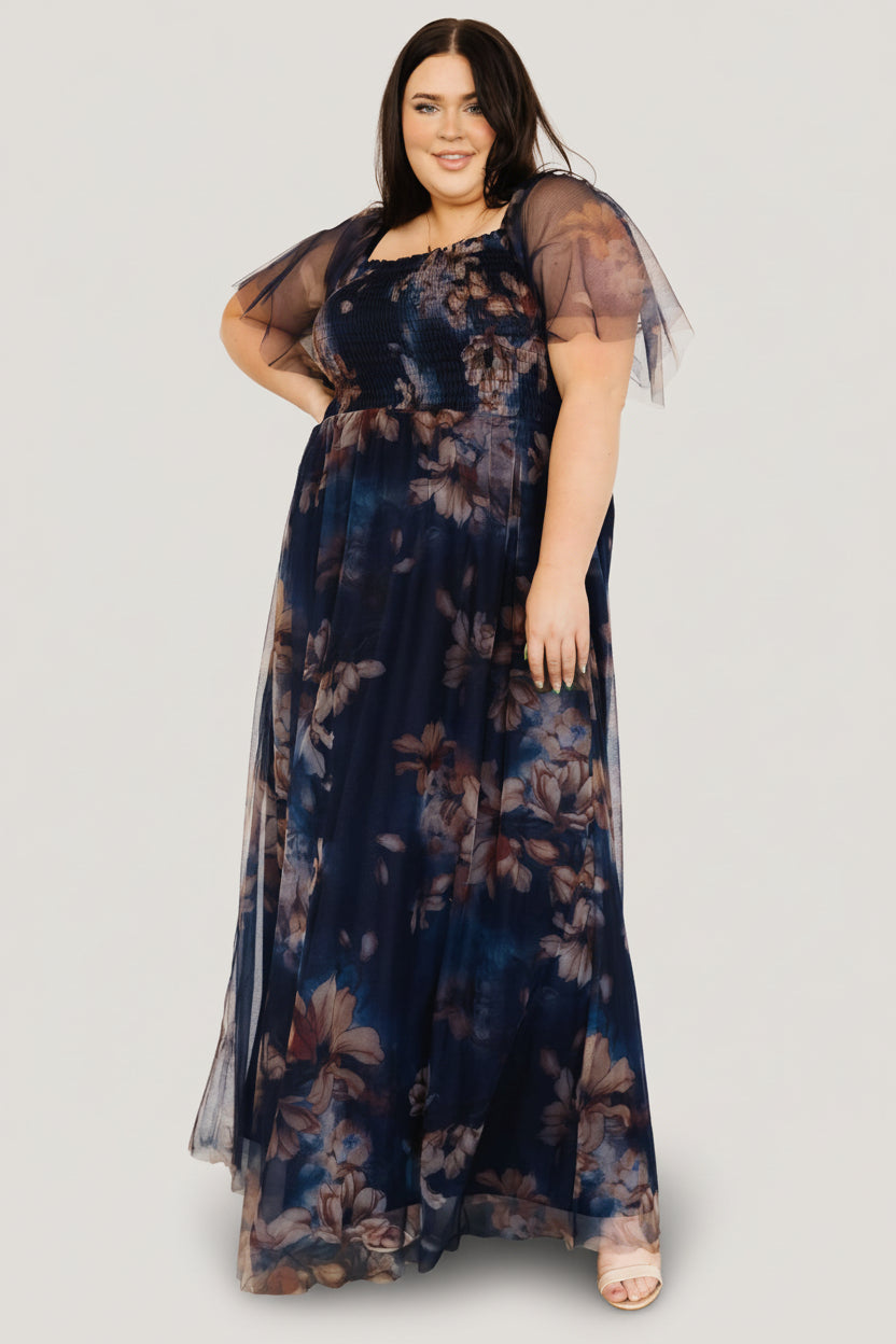 blue floral plus size dress Baltic Born Womens Cassandra Tulle Maxi Dress | Dark Blue Floral