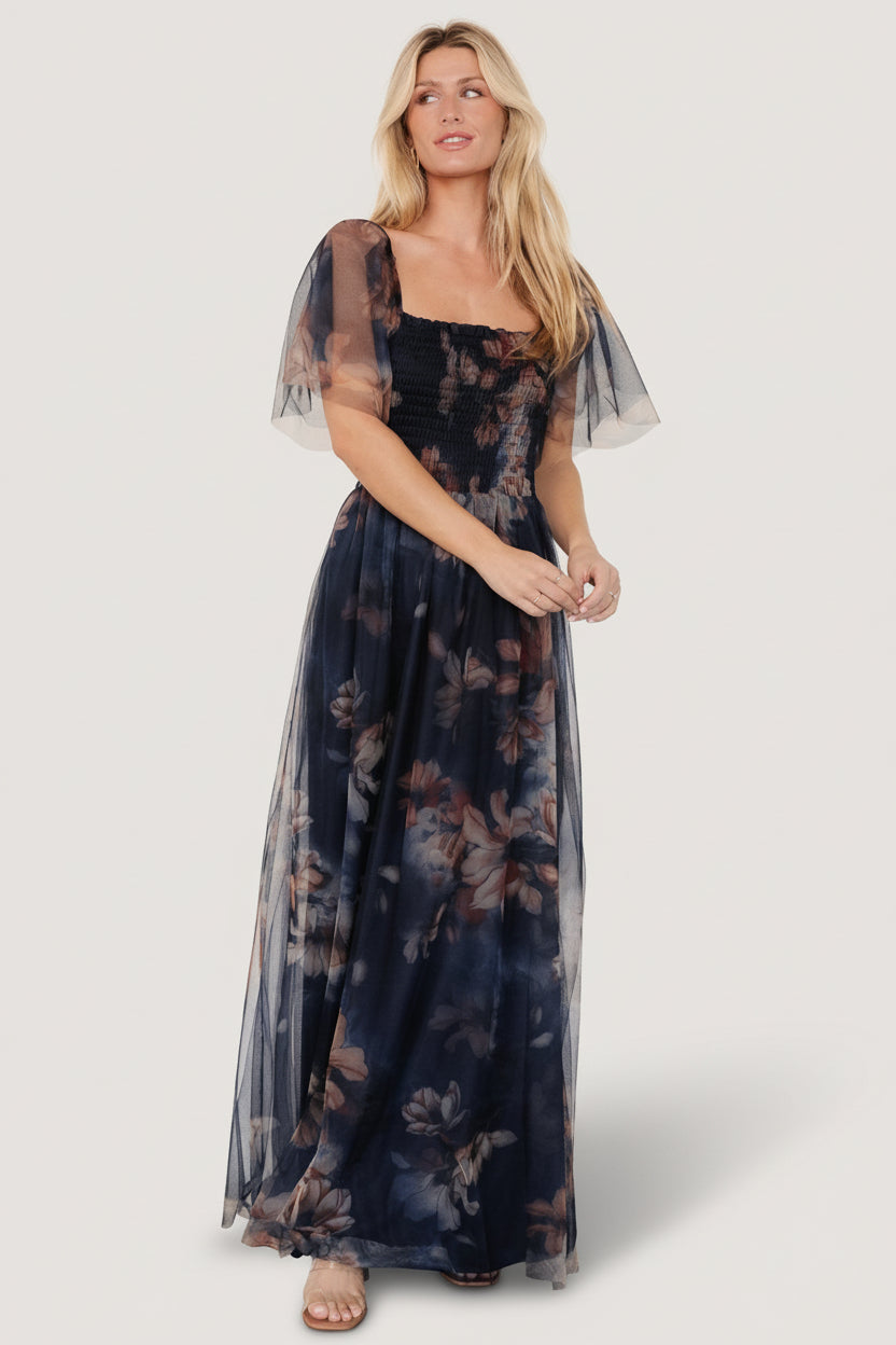 Cassandra Tulle Maxi Dress — Dark Blue Floral