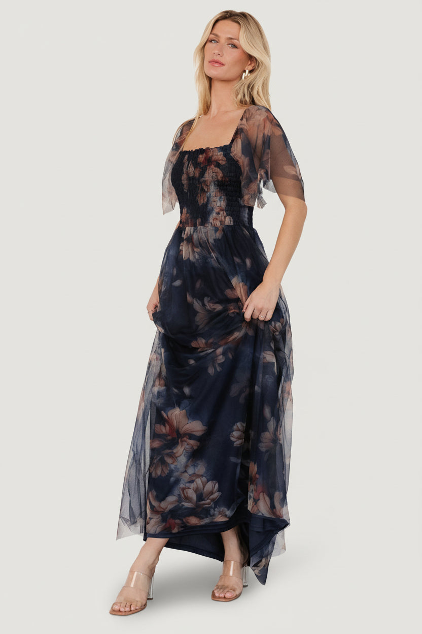 Cassandra Tulle Maxi Dress | Dark Blue Floral