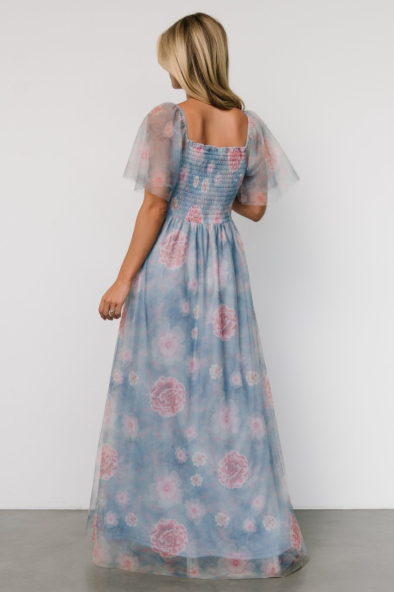 Cassandra Tulle Maxi Dress | Light Blue + Pink Floral - Baltic Born