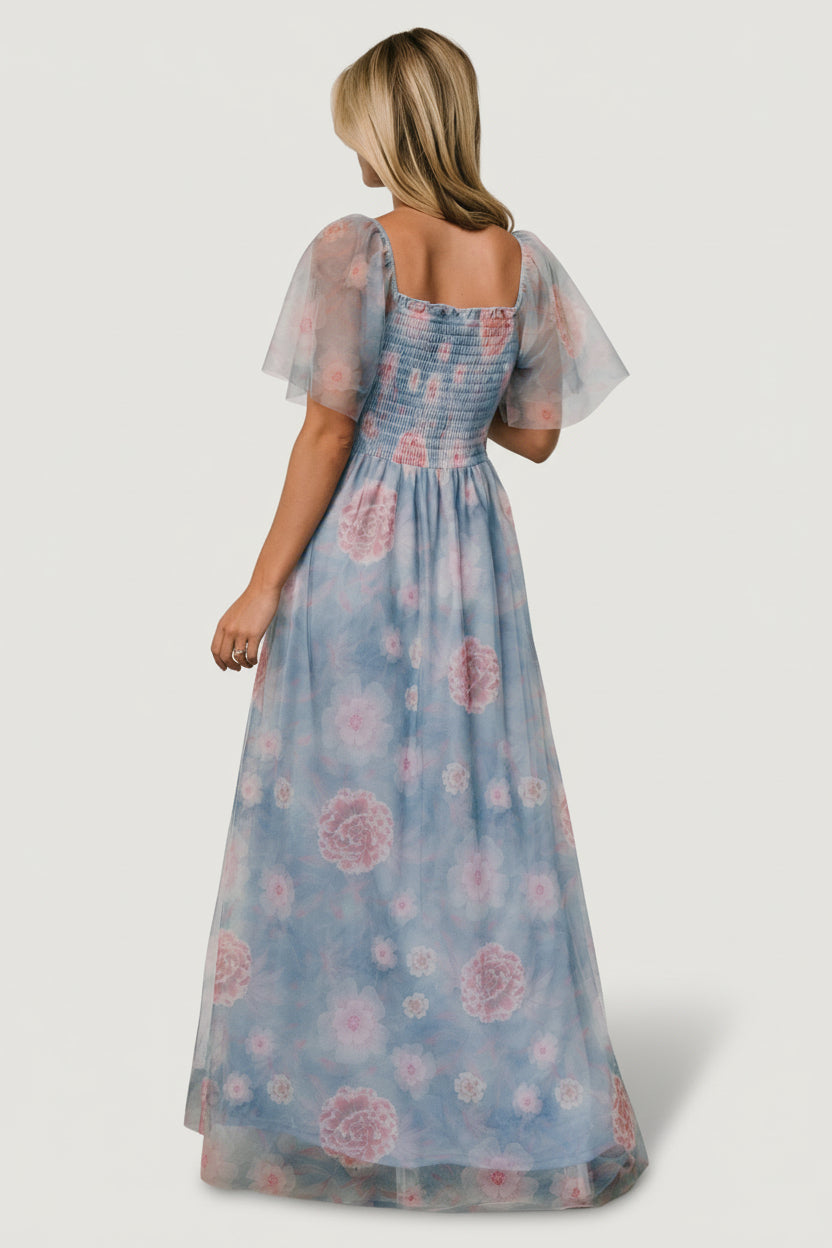 Cassandra Tulle Maxi Dress | Light Blue + Pink Floral