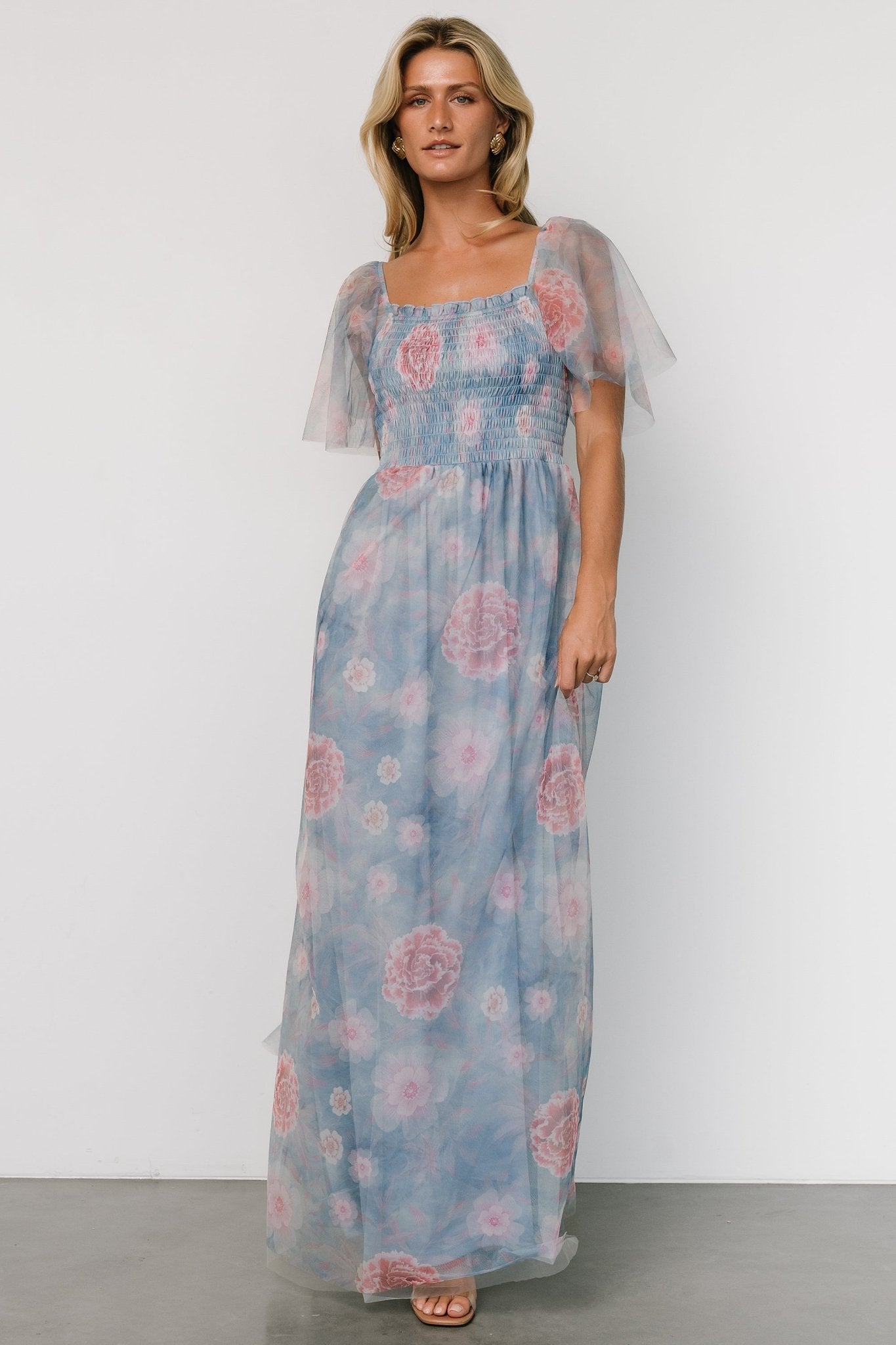 Cassandra Tulle Maxi Dress | Light Blue + Pink Floral - Baltic Born