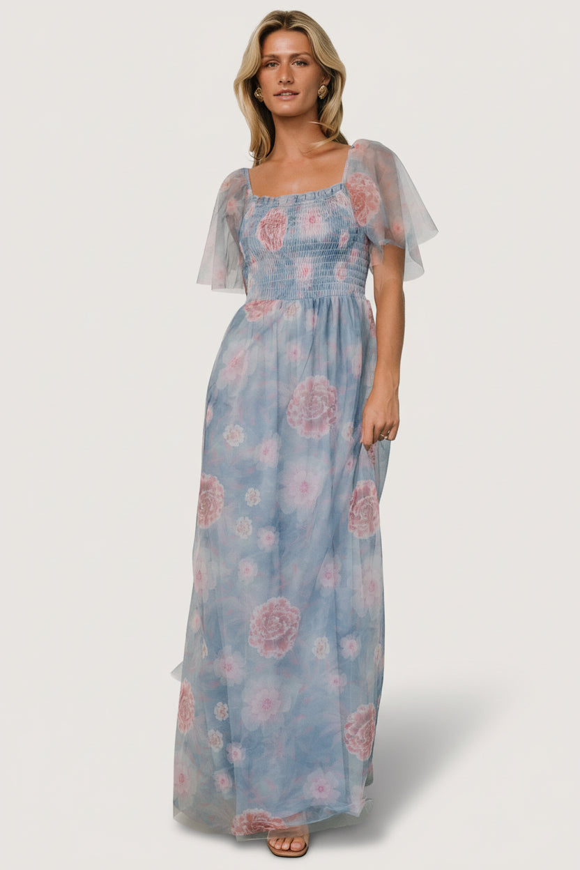 Cassandra Tulle Maxi Dress | Light Blue + Pink Floral