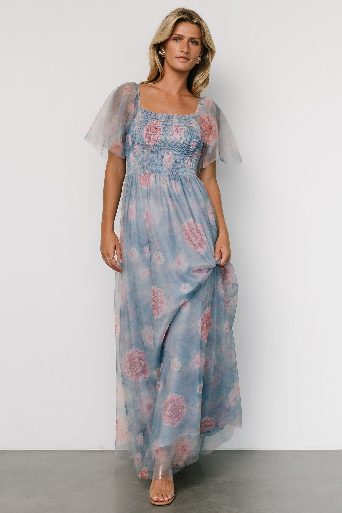 Cassandra Tulle Maxi Dress | Light Blue + Pink Floral - Baltic Born