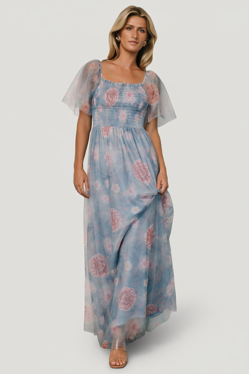Cassandra Tulle Maxi Dress | Light Blue + Pink Floral