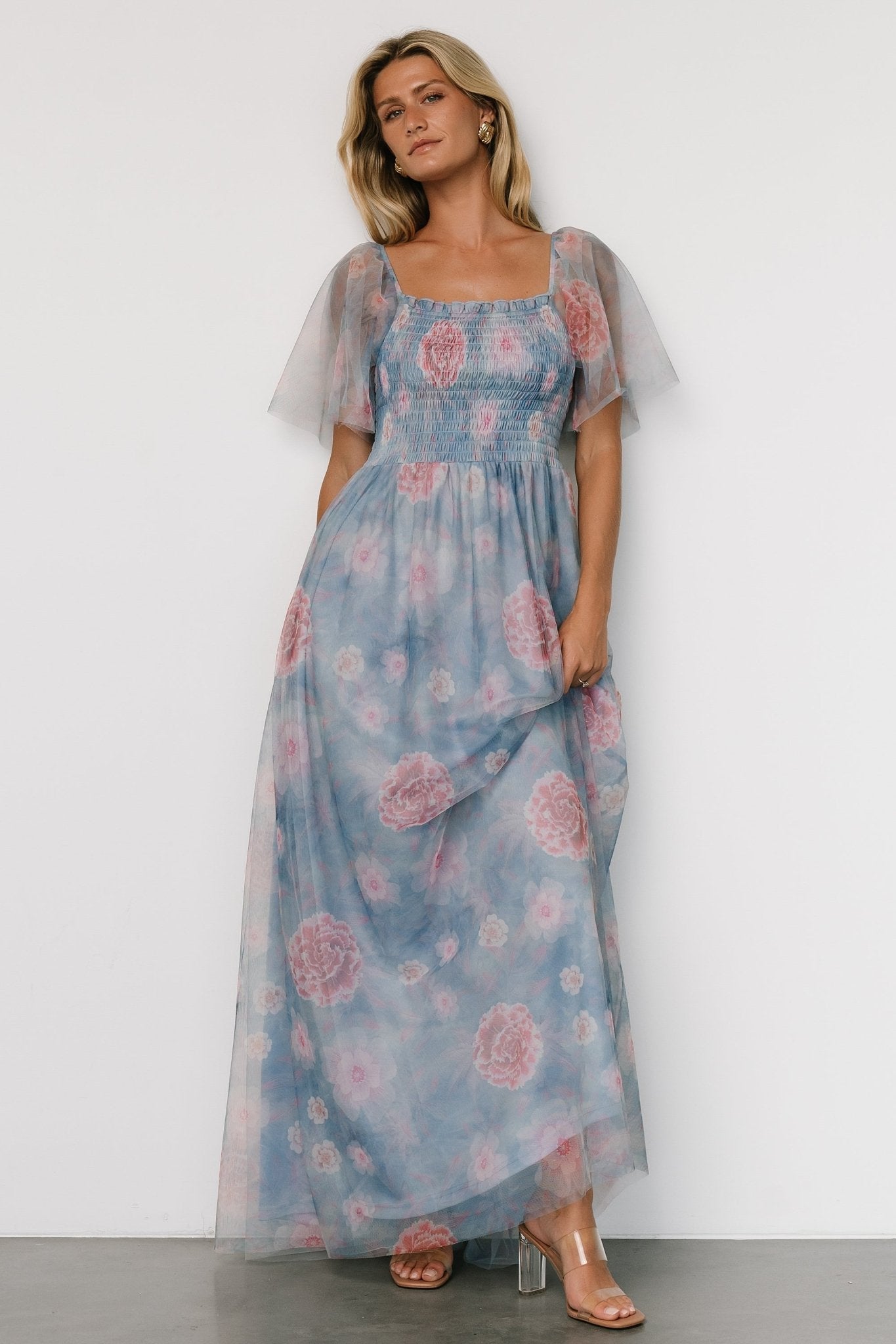 Cassandra Tulle Maxi Dress | Light Blue + Pink Floral - Baltic Born