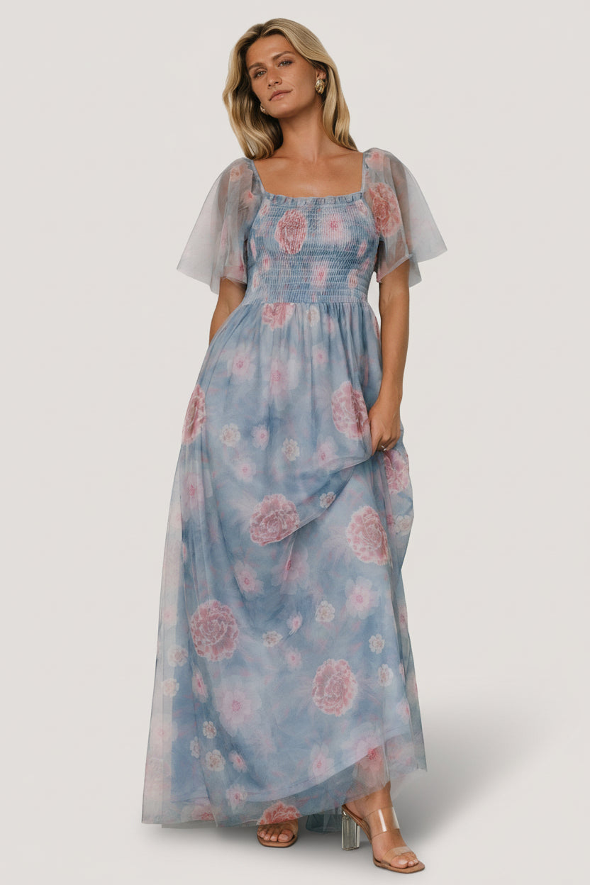 Cassandra Tulle Maxi Dress | Light Blue + Pink Floral