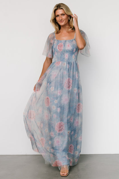 Cassandra Tulle Maxi Dress | Light Blue + Pink Floral - Baltic Born