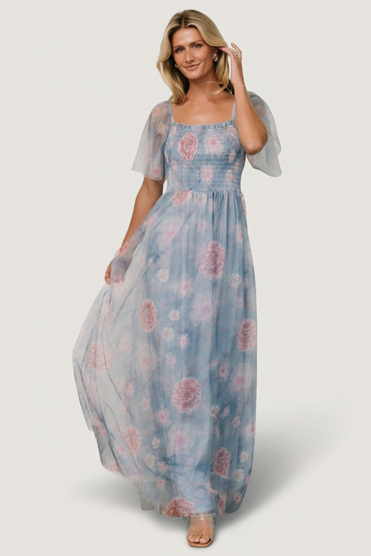 Cassandra Tulle Maxi Dress | Light Blue + Pink Floral
