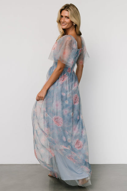 Cassandra Tulle Maxi Dress | Light Blue + Pink Floral - Baltic Born