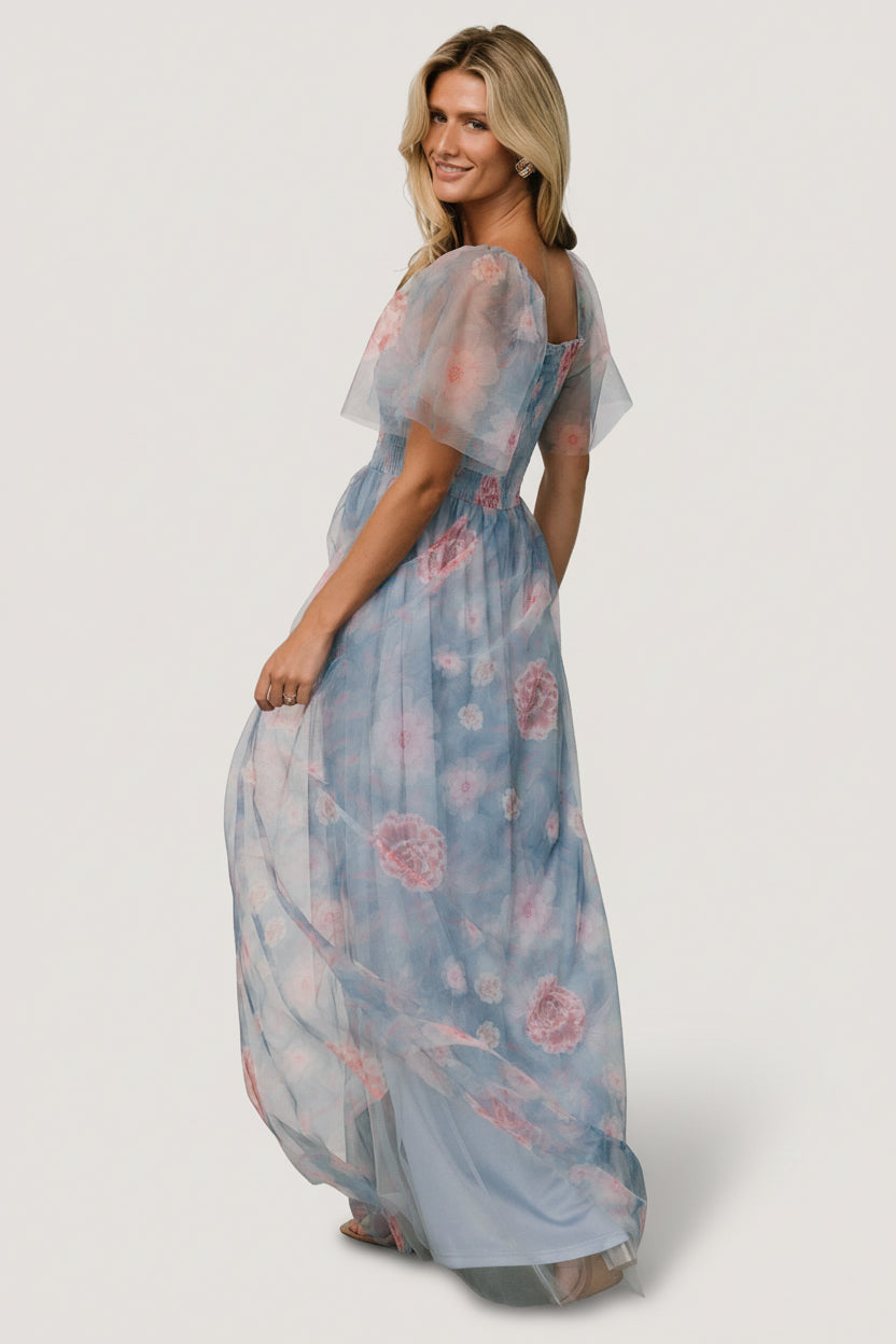 Cassandra Tulle Maxi Dress | Light Blue + Pink Floral