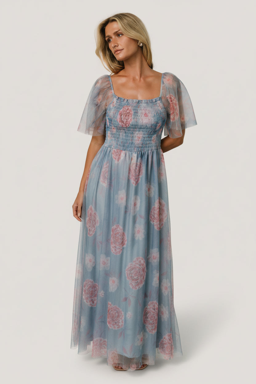 Cassandra Tulle Maxi Dress | Light Blue + Pink Floral