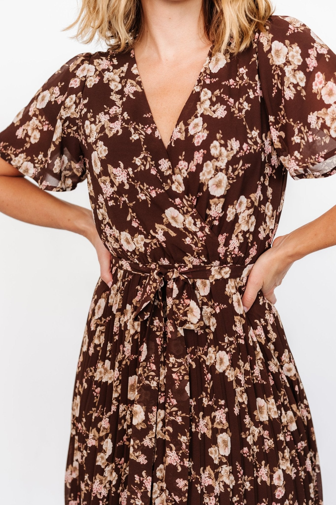 Cassidy Pleated Midi Dress | Brown Floral - Baltic Born