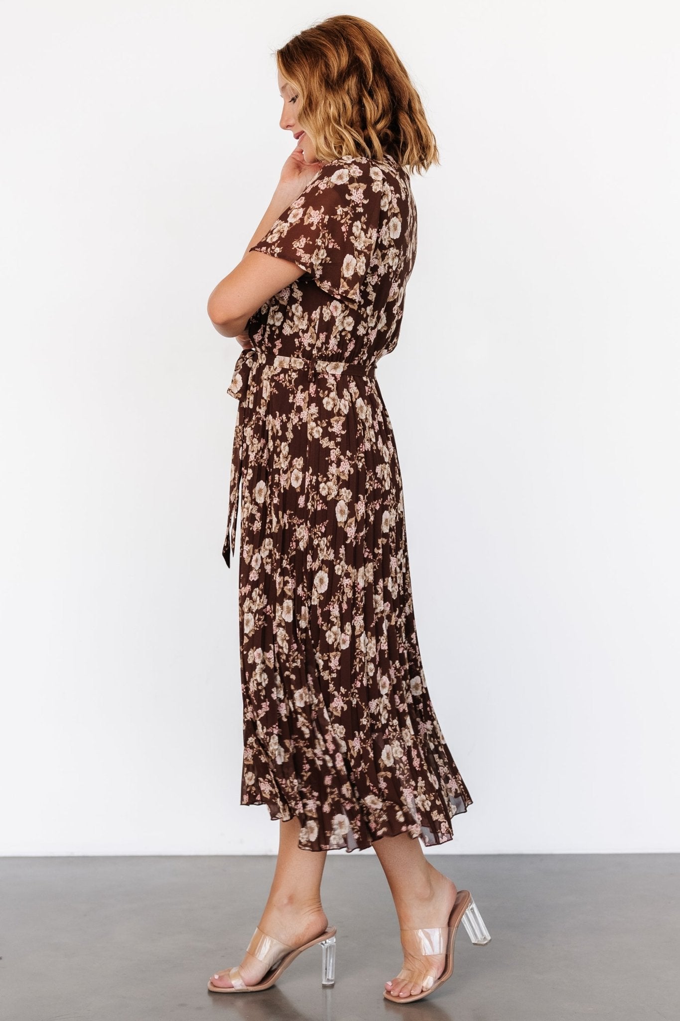 Cassidy Pleated Midi Dress | Brown Floral - Baltic Born