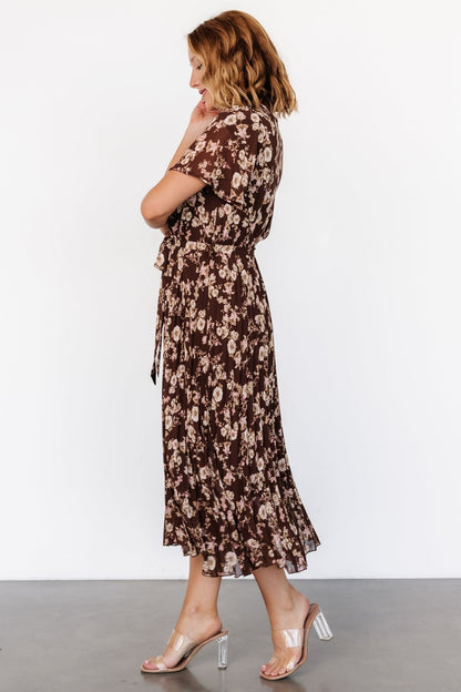 Cassidy Pleated Midi Dress | Brown Floral - Baltic Born