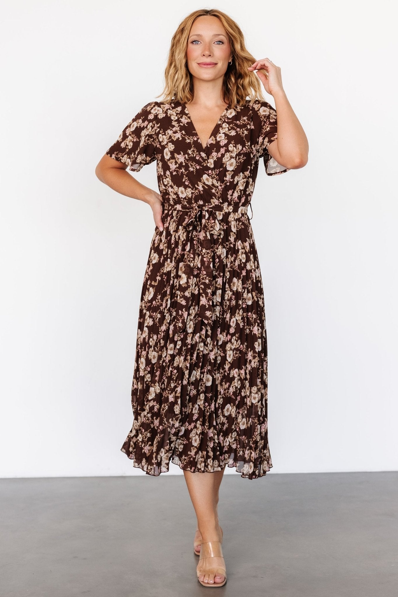 Cassidy Pleated Midi Dress | Brown Floral - Baltic Born