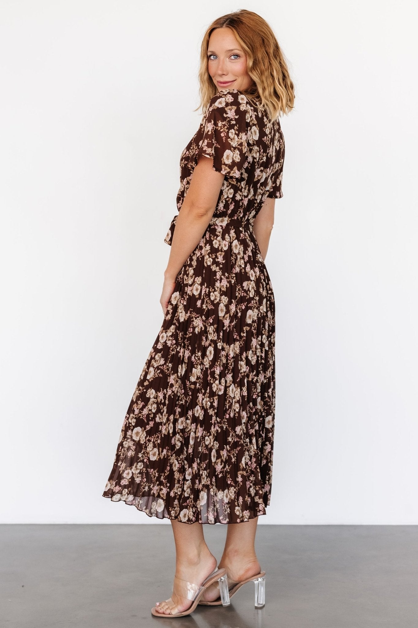 Cassidy Pleated Midi Dress | Brown Floral - Baltic Born