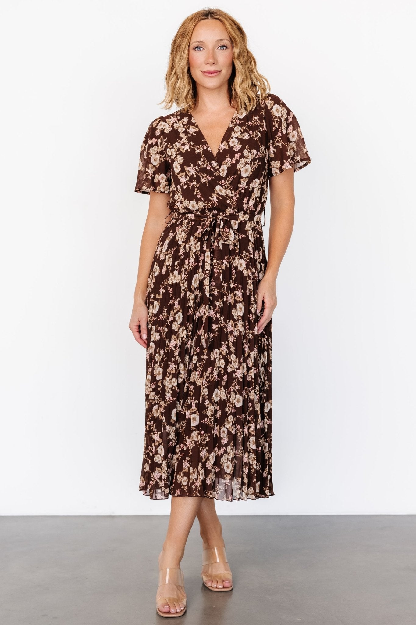 Cassidy Pleated Midi Dress | Brown Floral - Baltic Born