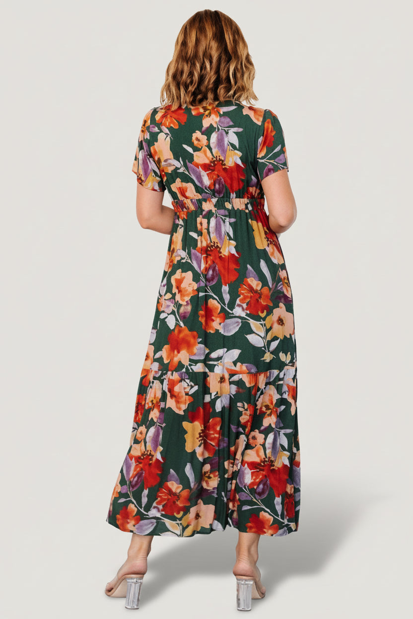 Baltic Born Womens Cassie Short Sleeve Dress | Dark Green Floral