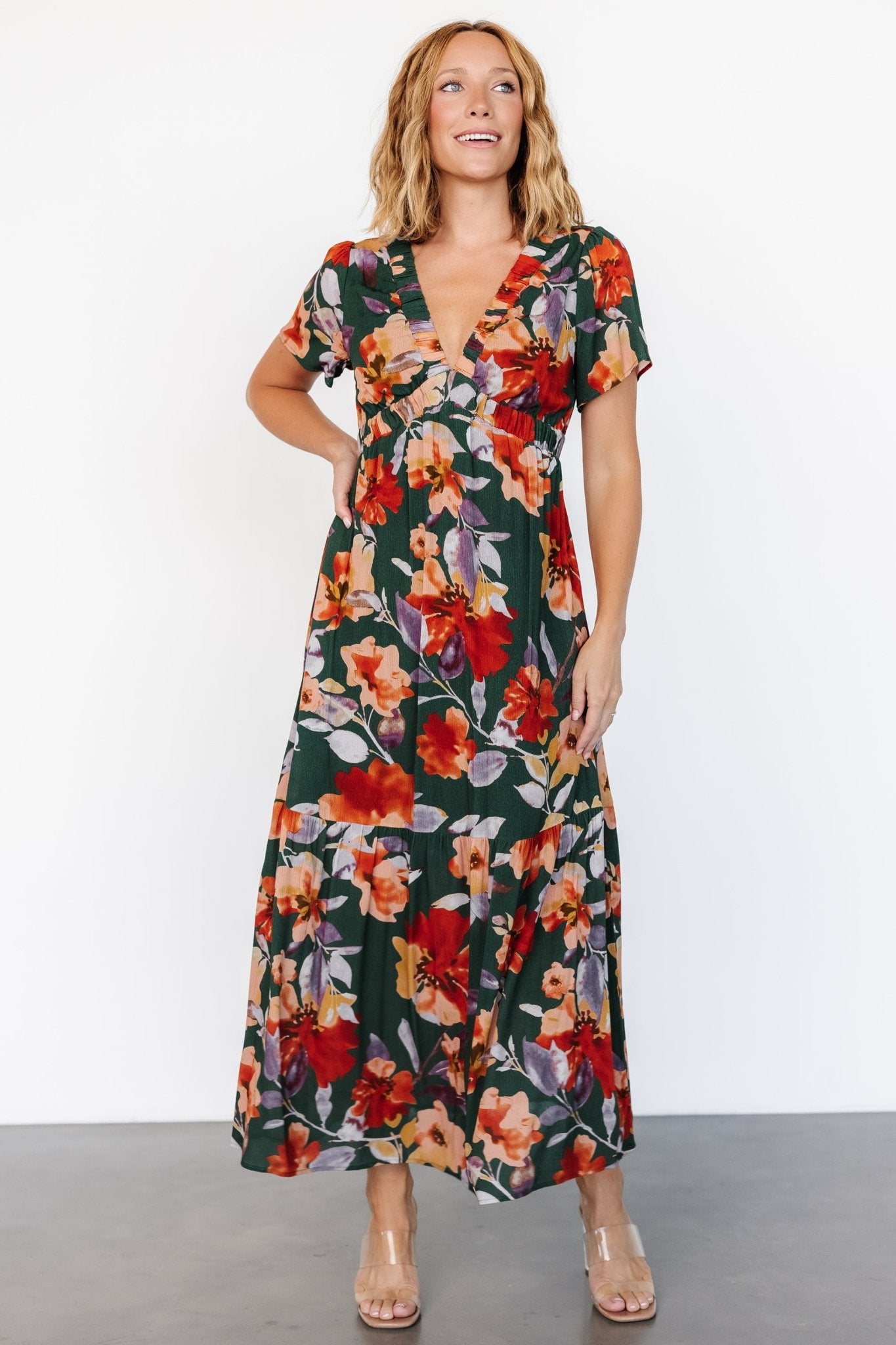 Cassie Short Sleeve Dress | Dark Green Floral - Baltic Born