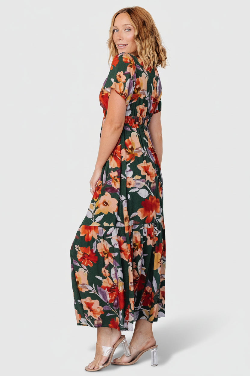 Cassie Short Sleeve Dress | Dark Green Floral