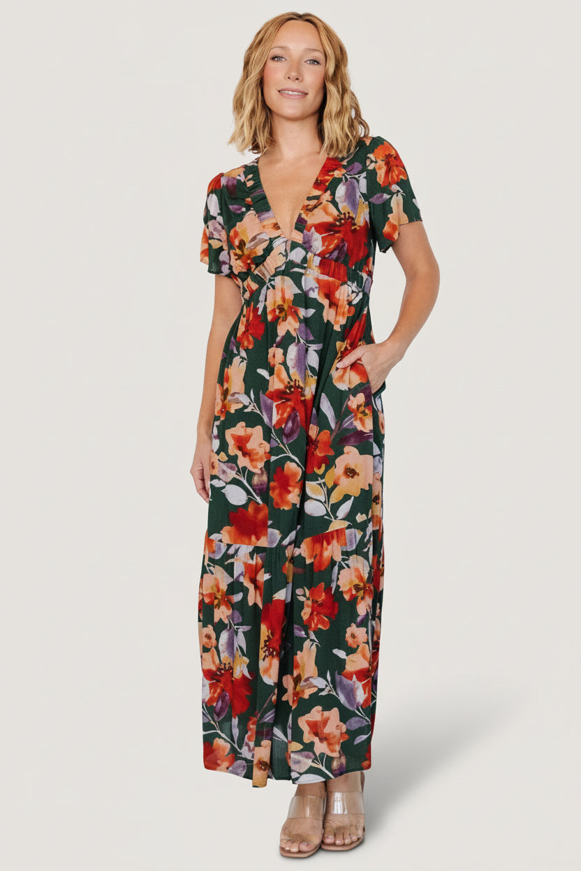 Cassie Short Sleeve Dress | Dark Green Floral