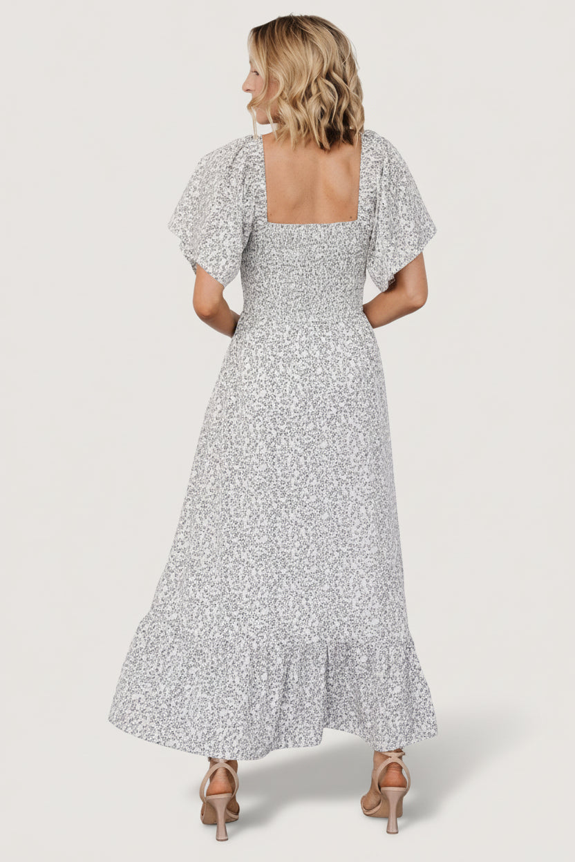 Cassis Smocked Midi Dress | Ivory + Black Floral