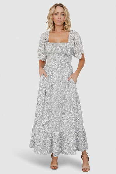 Cassis Smocked Midi Dress - Ivory Black Floral | Baltic Born M Cassis Smocked Midi Dress - Ivory Black Floral | Baltic Born M