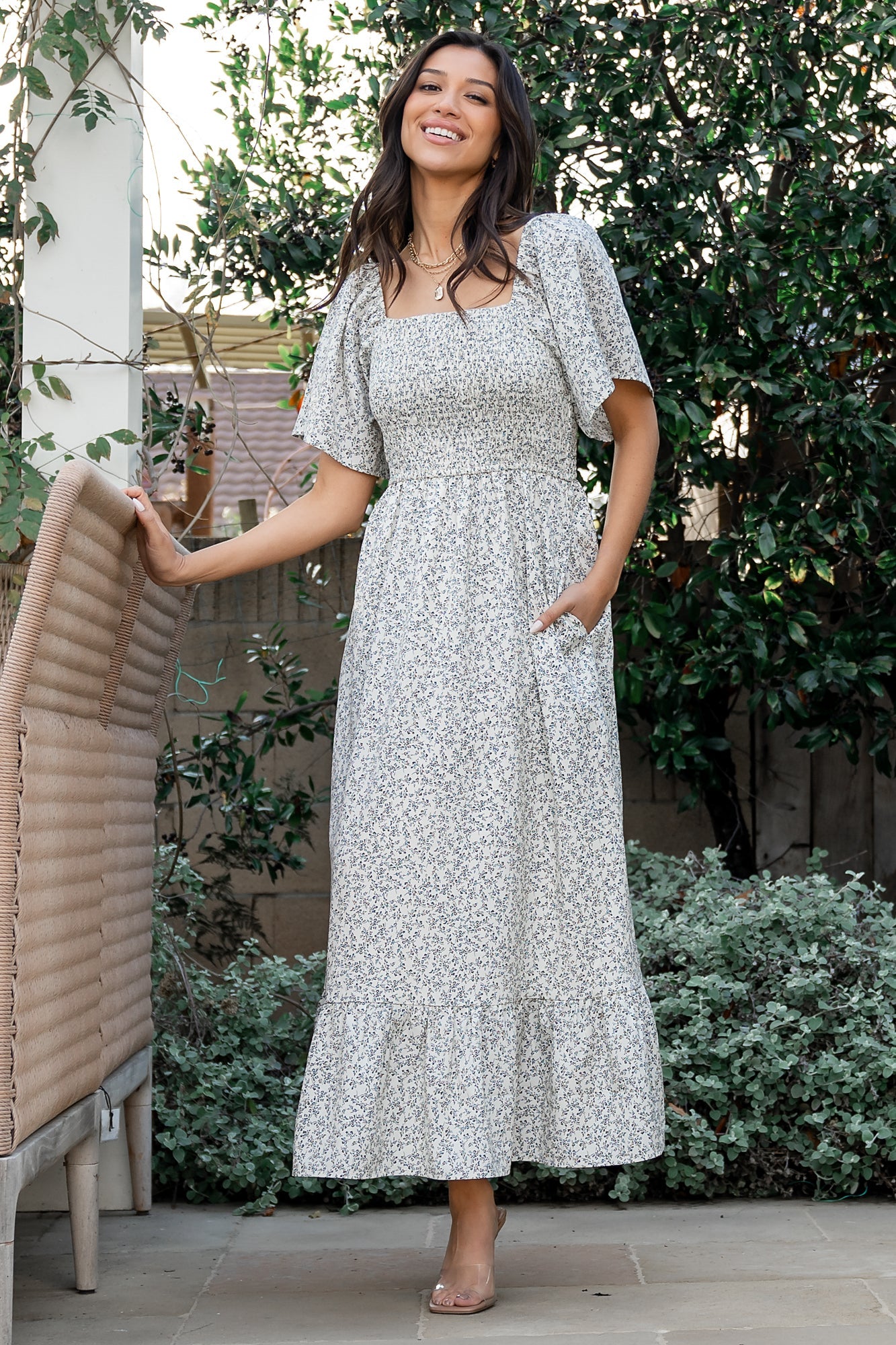 Baltic Born Womens Cassis Smocked Midi Dress | Ivory + Black Floral | Size: Medium Baltic Born Womens Cassis Smocked Midi Dress | Ivory + Black Floral | Size: Medium