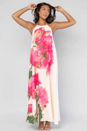 Catalina Halter Maxi Dress in Off White Multi Floral with halter neckline and flowing maxi-length silhouette.