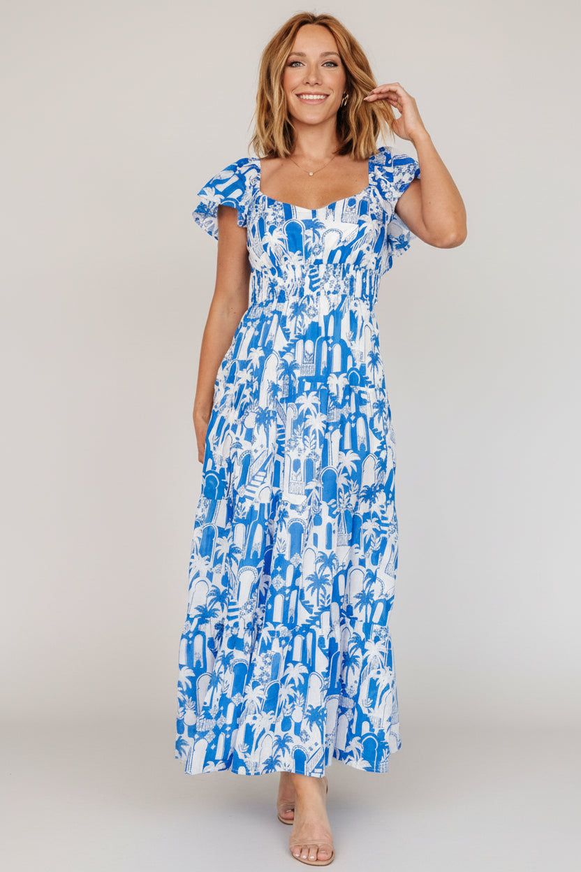 white and blue maxi dress WEDTREND Women Flower Strapless Long Prom with Lace-up Back Ruched A-Line Tiered Floral Formal Dress, White Blue Flower / US14 1x Women Dress Classic Blue Floral Prom Dresses