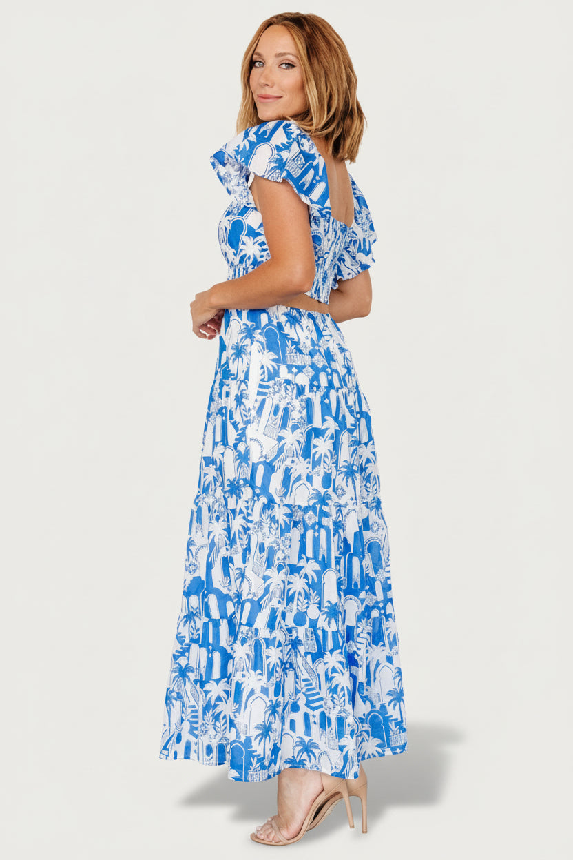 blue and white cotton maxi dress Women's Far From Here Blue & Ivory Floral Print Cotton Maxi Dress | Size: S
