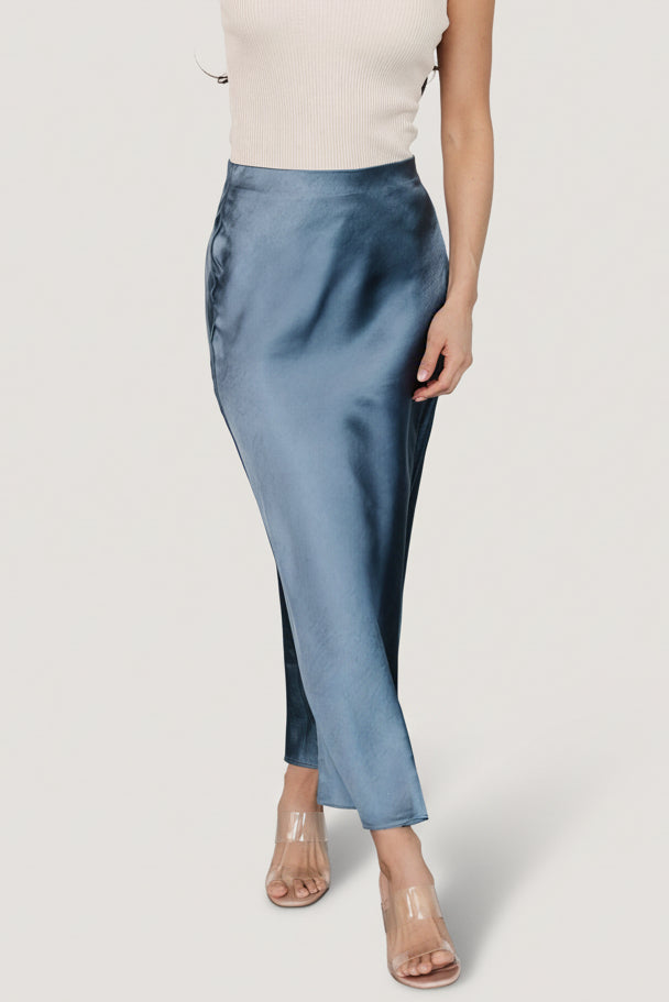 Celeste Satin Midi Skirt | Steel Blue