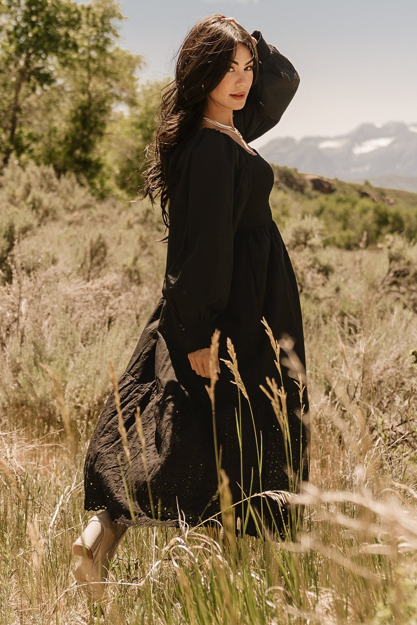 black dress eyelet Covered Button Maxi - lining 100% polyester. CLEMENTINE DRESS - BLACK EYELET