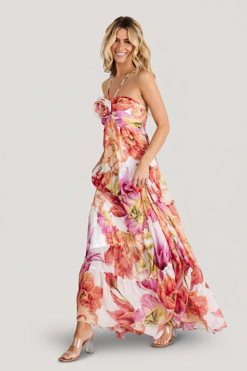 fitted lace wedding dress Baltic Born Womens Charmaine Maxi Dress | Pink + Red Floral
